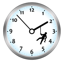 clock with man on minute man trying to hang on